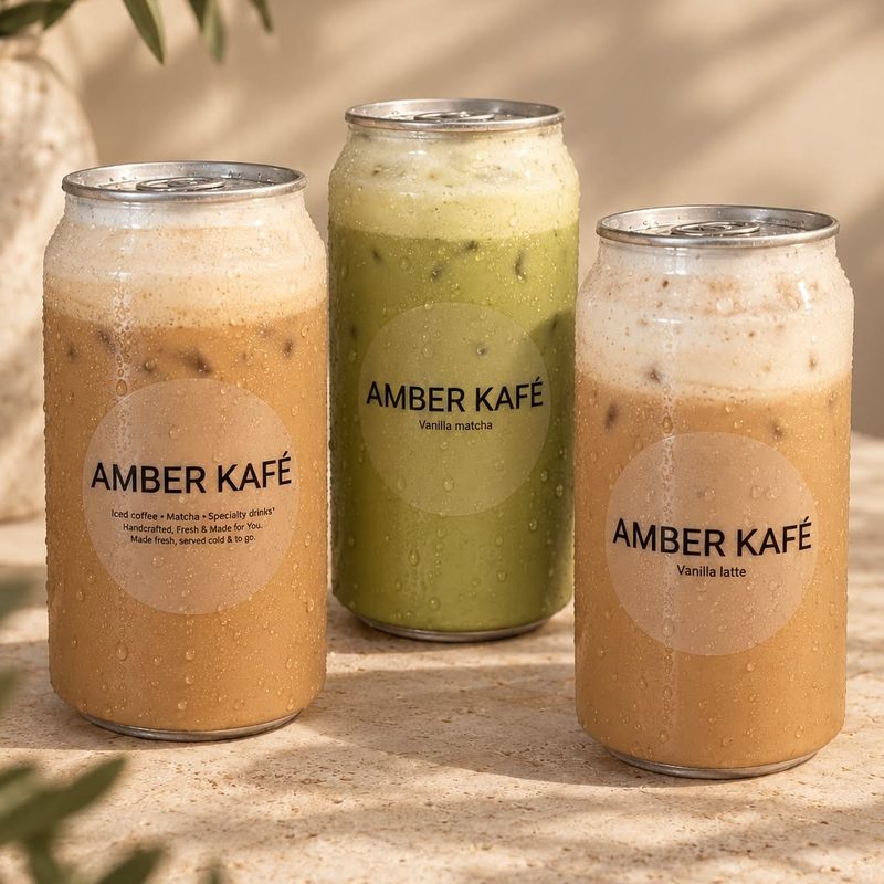 Three Amber Kafé canned cold drinks: two lattes and a matcha